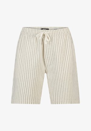 Beige shorts with thin vertical black stripes, elastic waistband, and front white drawstring tie.