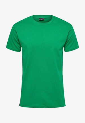 Groene T-shirt met korte mouwen, gemaakt van zachte katoen. Ronde halsontwerp met een gladde textuur en een rechte onderzoom. Geen patronen of grafische elementen aanwezig.