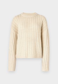 Knit cream sweater featuring a ribbed texture, round neckline, and long sleeves with a relaxed fit, ideal for layering in cooler weather.