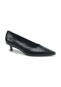 Pantofii cu toc mic din piele lacuită neagră, cu vârful ascuțit și partea superioară rotunjită, având un finisaj neted și lucios și un toc modest.