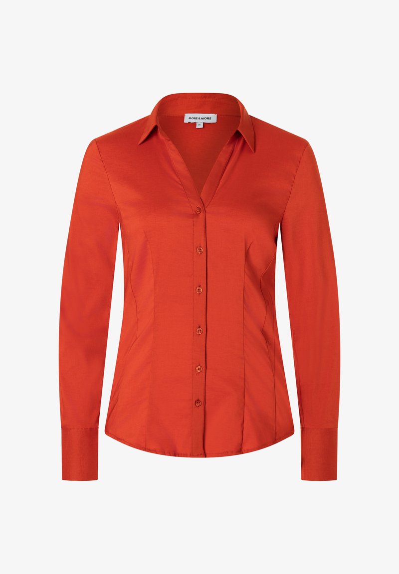 Red long-sleeve button-up shirt with a collared neckline and smooth texture. Features a v-neck opening and six matching buttons down the front.