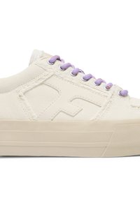 Canvas sneakers in off-white with light purple laces, featuring a textured sole and raised logo detail on the side.