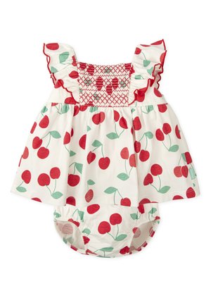 Mono corto con estampado de cerezas rojas, tirantes fruncidos con volantes, cuerpo fruncido y parte inferior elástica. Hecho de tela ligera.