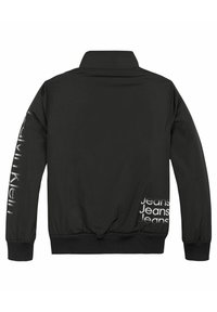 Giacca bomber nera con colletto, polsini elastici e vita elastica. Testo del logo bianco sulle maniche e sulla schiena. Tessuto liscio e leggero.