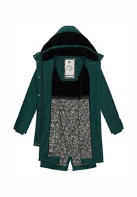 Zaļa ārējā jaka ar melnu mākslīgās kažokādas oderi un rakstainu iekšpusi, kurā redzami lapu motīvi rozā un pelēkā krāsā. Iekļauta kapuce un snap aizdares.