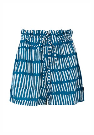 Blauwe shorts met een wit lineair patroon, voorzien van een elastische tailleband, een verstelbare strik en zijzakken. Lichte stof.