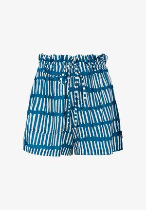 Pantalones cortos azules con un patrón lineal blanco, que cuentan con una cinturilla elástica, un lazo ajustable y bolsillos laterales. Tejido ligero.