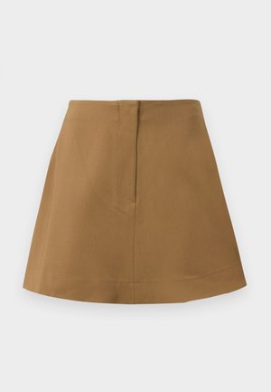 Brown skirt with a flared silhouette, made of a smooth fabric. Features a simple waistband and a back seam detail.