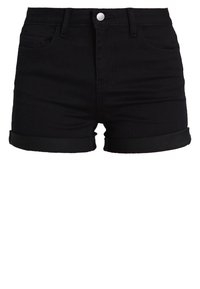 Zwarte denimshorts met een hoge taille, opgerolde boorden en een knoopsluiting aan de voorkant. Voorzien van een klassieke styling met vijf zakken en contrasterende stiknaden.