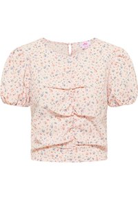 Blomstermønstret bluse i blød lyserød stof, med korte puffærmer, rund halsudskæring og samlede detaljer foran.