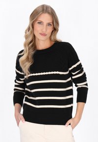 Maglione a righe nere e crema con scollatura rotonda, polsini a costine e motivo in maglia testurizzata. Vestibilità casual, tessuto morbido e maniche lunghe.