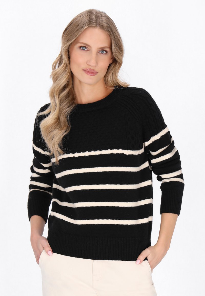 Maglione a righe nere e crema con scollatura rotonda, polsini a costine e motivo in maglia testurizzata. Vestibilità casual, tessuto morbido e maniche lunghe.