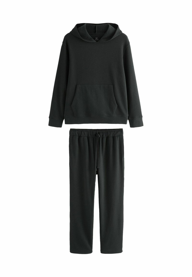 Donkergrijs loungewear set met een hoody lange mouwen top met een voorvak en bijpassende elastische taillebroek met een ontspannen pasvorm.