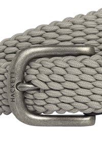 Venyh grey jöngh vénk vedta mät metallisert ståen. Stån har en børstet finish, og beltet har et strukturert, flettet design.