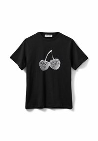 Črna bombažna majica z srebrno grafiko dveh višenj. Okrogla izrezana ovratnika in kratki rokavi. Preprost, sproščen dizajn.