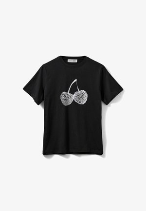 Black cotton t-shirt featuring a silver graphic of two cherries. Round neckline and short sleeves. Simple, casual design.