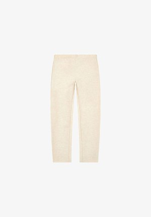 Pantalones beige de pierna recta con cintura elástica, mostrados extendidos sobre un fondo blanco.