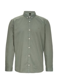 Groene overhemdbloes met een kraag, lange mouwen en witte knopen. Bevat een klein logo op de borst en heeft een gladde katoenen textuur.