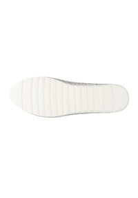 Grijze sneakerzool met een gestructureerd witte rubberen bovenlaag, voorzien van horizontale groeven en een ronde neus, ontworpen voor demping en grip.