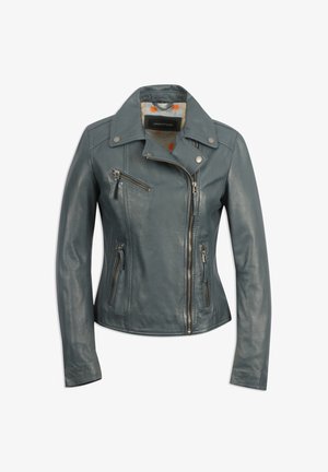 Teal leather motorcycle jacket with a notched collar, asymmetrical front zipper, two zippered pockets, and a patterned inner lining.