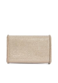 Portefeuille rectangulaire en tissu métallique doré, surface texturée avec un motif en filet scintillant, caractérisé par de délicates bordures détaillées.