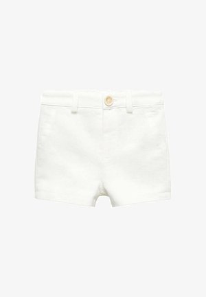 Witte denim shorts met knoopsluiting, lussen voor een riem en zijzakken, afgebeeld tegen een effen witte achtergrond.