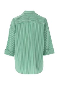 Green and white striped shirt with a relaxed fit, featuring a back yoke, rolled sleeves, and a smooth texture.