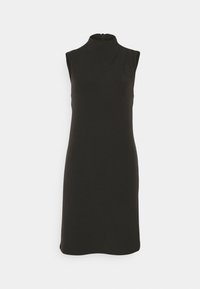 Ärmlös svart klänning med hög halsringning, tillverkad av ett mjukt material. Har en lätt drapering vid axeln och en dragkedja bak.