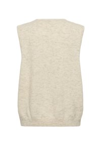 Ljust beige ärmlös tröja med fin stickad textur, rundad halsringning och ribbad nederkant. Ingen synlig stängning eller mönster.