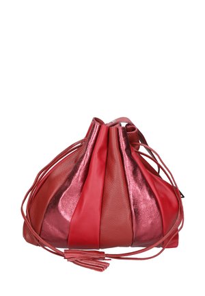 Red leather handbag with metallic and matte finishes, pleated design, drawstring closure, and textured accents.