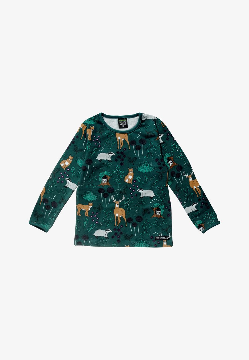 Groen shirt met lange mouwen gemaakt van zachte stof, met een meerkleurig patroon van verschillende dieren en planten, waaronder herten, vossen en dassen.
