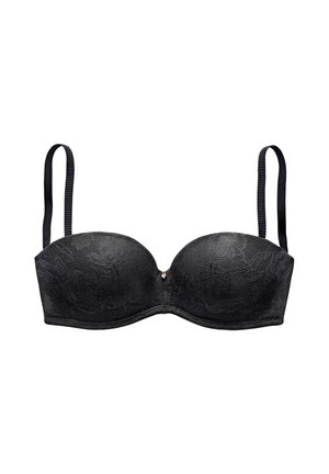 Black lace strapless bra with thin adjustable shoulder straps and a small central decorative charm on a white background.