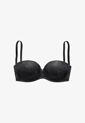 Black lace strapless bra with thin adjustable shoulder straps and a small central decorative charm on a white background.
