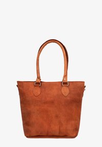 Borsa tote in pelle marrone con manici resistenti, una texture liscia e dettagli di cucitura discreti. Presenta accessori in metallo su cinghie e lati.