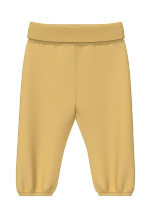 Zachte gele peuterbroek met elastische tailleband en omgeslagen enkels, ontworpen voor comfortabel dagelijks gebruik.