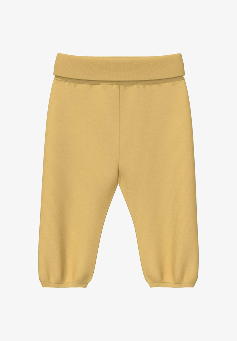 Pantalon jaune doux pour tout-petits avec taille élastique et chevilles retroussées, conçu pour un port confortable au quotidien.