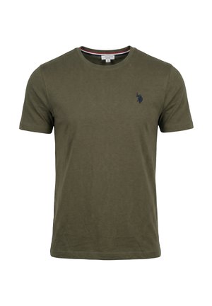 Męska oliwkowozielona koszulka z krótkim rękawem i okrągłym dekoltem, z małym granatowym logo polo gracza na lewej piersi.