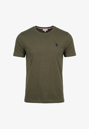 Męska oliwkowozielona koszulka z krótkim rękawem i okrągłym dekoltem, z małym granatowym logo polo gracza na lewej piersi.