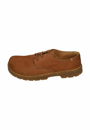 Brown leather lace-up casual shoe with a rounded toe and a textured sole, viewed from the outer side.