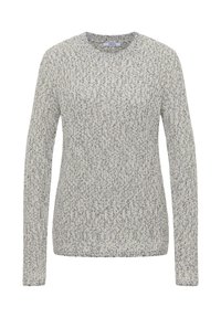 Pull en tricot gris clair avec un col rond, des manches longues et un motif texturé, présentant une coupe décontractée et des poignets côtelés.