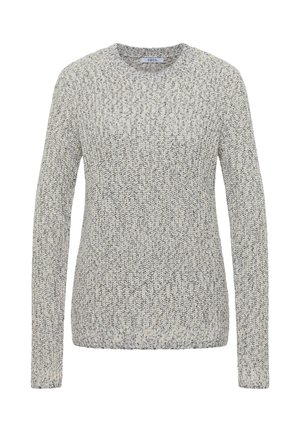 Jasnoszary sweter z dzianiny z okrągłym dekoltem, długimi rękawami i teksturowanym wzorem, o luźnym kroju i ściągaczach przy rękawach.