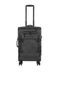 Schwarzer Stoffkoffer mit ausziehbarem Griff, vier Rädern, mehreren Außentaschen mit Reißverschlüssen und verstellbaren Gurten an den Seiten.