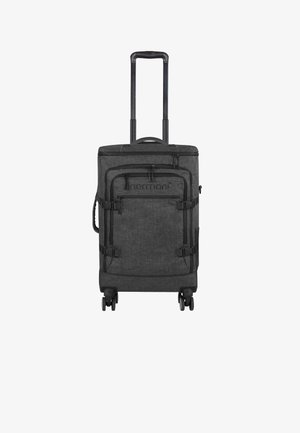 Schwarzer Stoffkoffer mit ausziehbarem Griff, vier Rädern, mehreren Außentaschen mit Reißverschlüssen und verstellbaren Gurten an den Seiten.