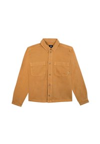Beige Button-down-Shirt aus Baumwolle mit einer schlichten Textur, ausgestattet mit zwei Brusttaschen und einem klassischen Kragen. Lange Ärmel mit Knopfmanschetten.