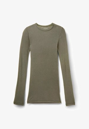 Long-sleeve, olive green ribbed knit shirt with crew neckline, laid flat on a white background.