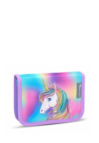 Regenbogen-Einhorn-Design auf einem mehrfarbigen Hintergrund. Aus strapazierfähigem Stoff mit lavendelfarbenem Saum, der lebendige Farben und eine glatte Textur aufweist.