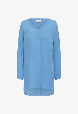 Tunika blu a maniche lunghe con scollo a V e una sottile patta frontale, vestibilità ampia e orlo curvo.