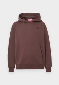 Καφέ pullover φούτερ με μπροστινές τσέπες καγκουρό, ριμπ μανσέτες και στρίφωμα, μικρή κεντητή λογότυπο στο στήθος και ετικέτα με το σήμα της μάρκας μέσα στην κουκούλα.