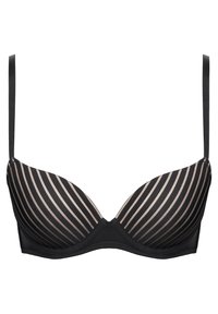 Soutien-gorge à armatures noir et beige à rayures, avec une texture lisse, un décolleté plongeant et des bretelles réglables. Présente un motif contrastant subtil.