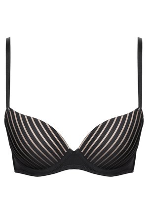 Soutien-gorge à armatures noir et beige à rayures, avec une texture lisse, un décolleté plongeant et des bretelles réglables. Présente un motif contrastant subtil.